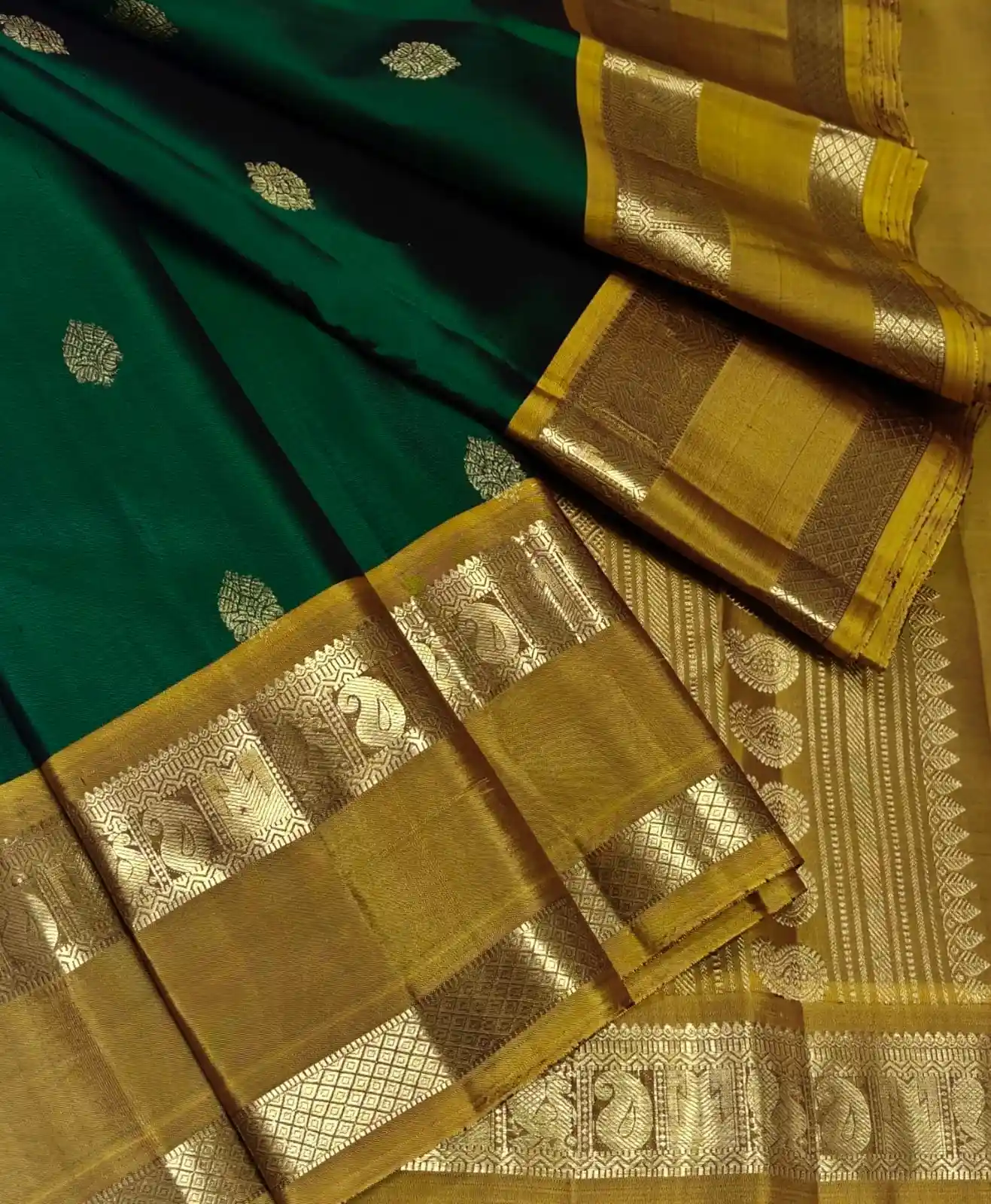 Bottle Green & Antique Gold Brocade Saree